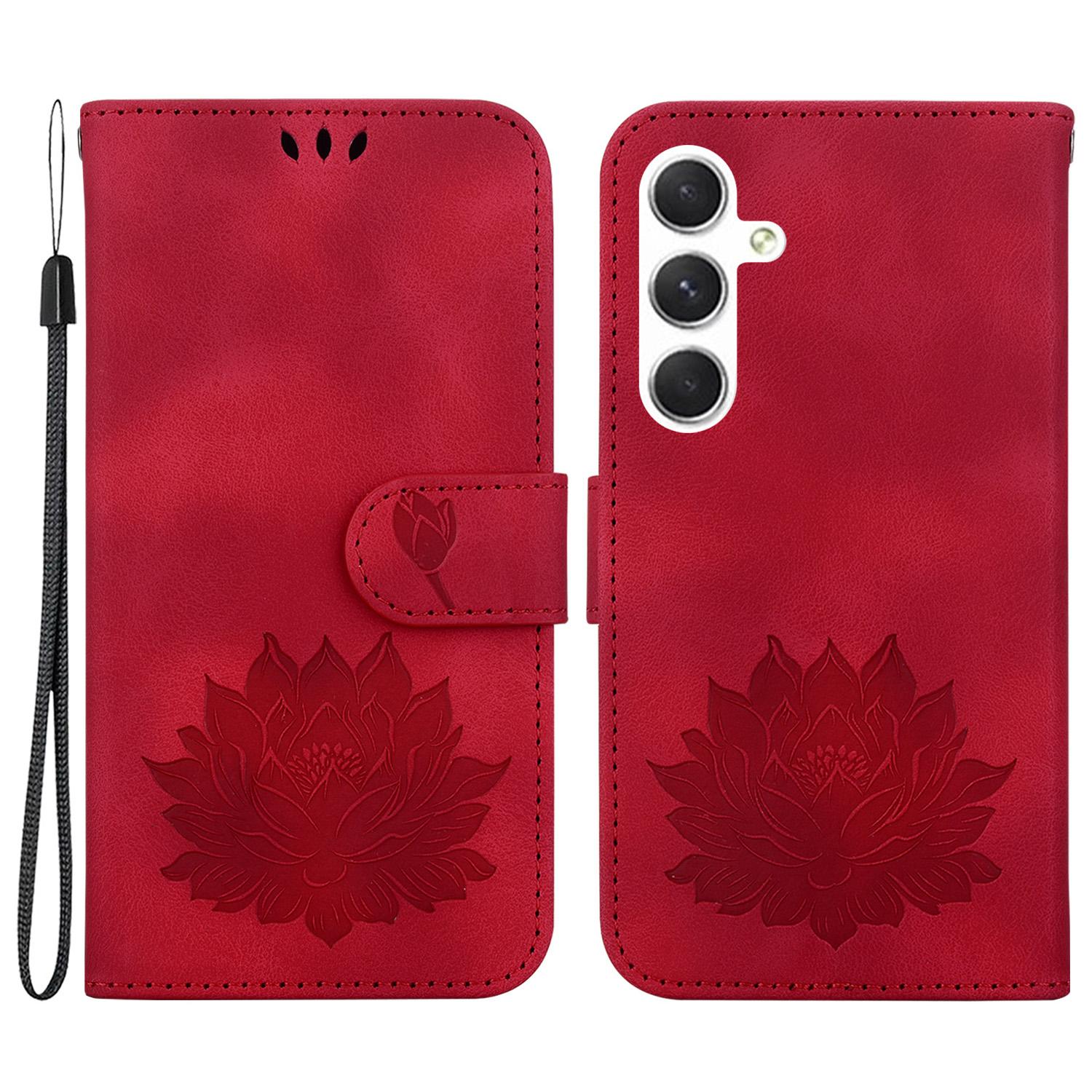 

For Samsung Galaxy S24 Case Lotus Imprinted Leather Flip Phone Cover Red