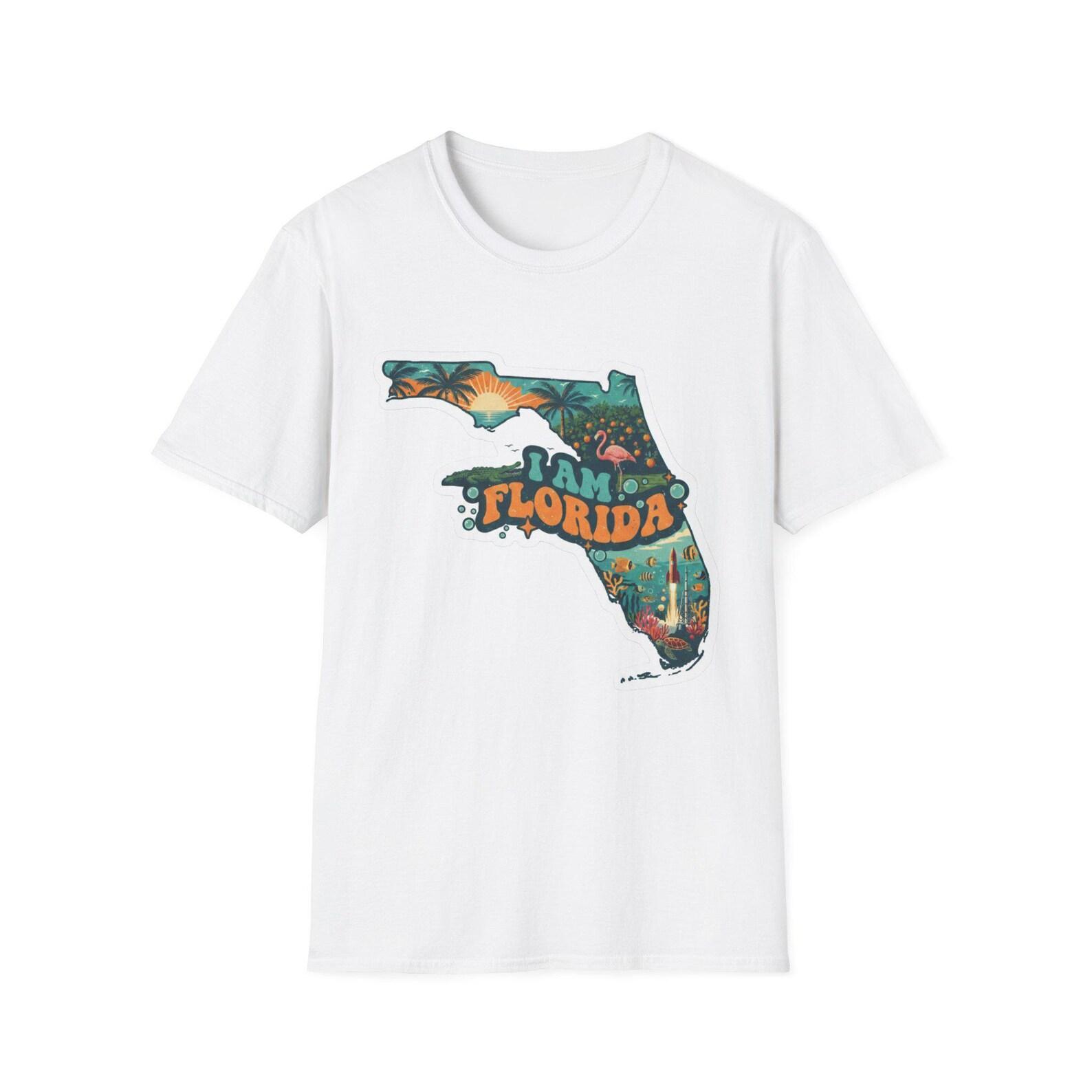 I Am Florida T-Shirt | Florida State Map Tropical Sunset Design XL