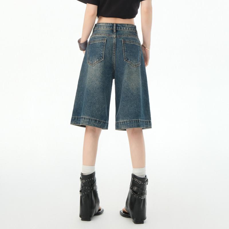 Retro Spicy Woman Cropped Denim Shorts Women'S Summer Low Waisted Loose Design Straight Five-Point Pants