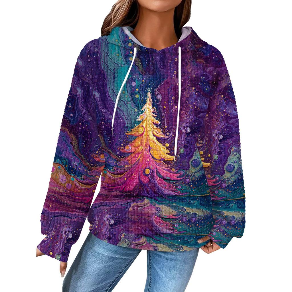 Mote løs hettegenser for kvinner, langermet genser med snøring, drop shoulder, lomme, topp med juleprint