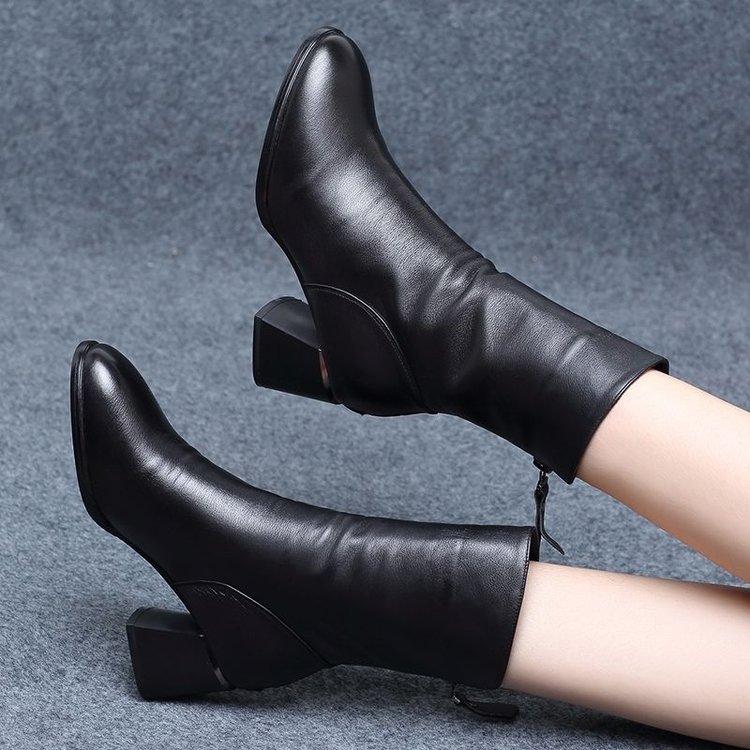 Short boots women's boots autumn and winter new thick heel round head medium boots velvet cotton boots women's Martin boots