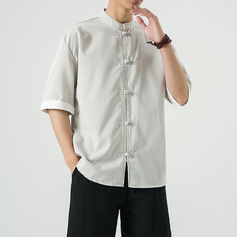 Chinese Style Tang Style Linen Short Sleeved Shirt  Men  Summer Thin Design  Stand Up Collar Buckle Youth Five Quarter Sleeved Shirt