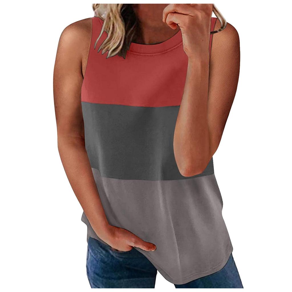 Women's Casual Color Splicing Sleeveless Round Neck Pullover Slim Tank Tops
