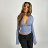 Women Sexy Slim Fit V Neck Lace Spliced Casual Basic Top