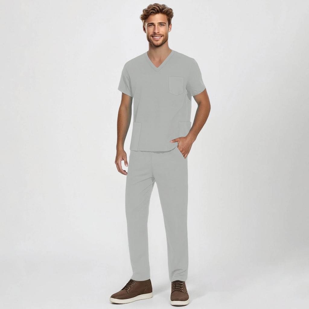 Men's Short-sleeved V-neck Solid Color Printed Breast Pocket Care Top Elastic Waist Trousers Two-piece Work Suit