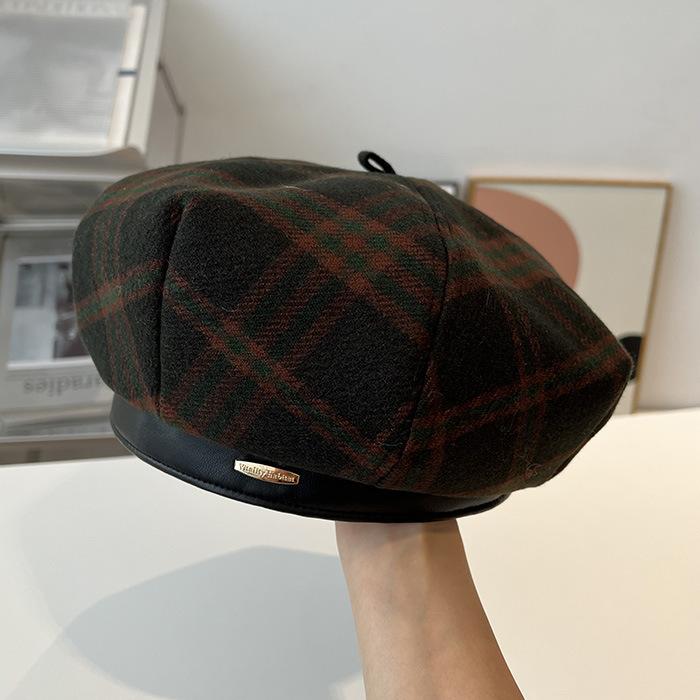 Polished Woolen Plaid Leather Brim Beret Women's Autumn and Winter Retro British Lady Hong Kong Style Ins Painter Hat