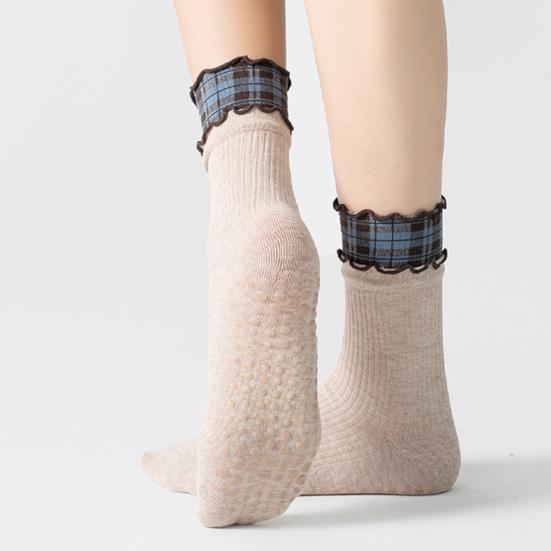 1 Pair Yoga Socks with Non-slip Gripper Double Ruffled Plaid Cuff Mid-calf Socks Women Ballet Dance Pilates Cotton Crew Socks