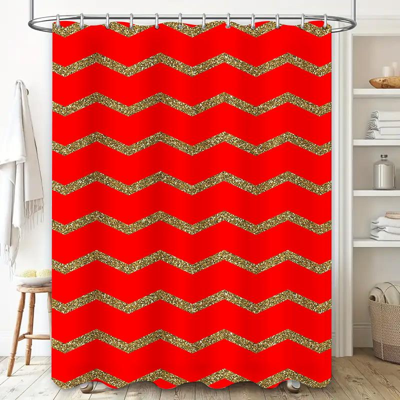 Gold Glitter Chevron Shower Curtain Red Modern Bathroom Decor Washable Fabric For Bathtub Privacy Size 69X70 (175Cm X 180Cm)