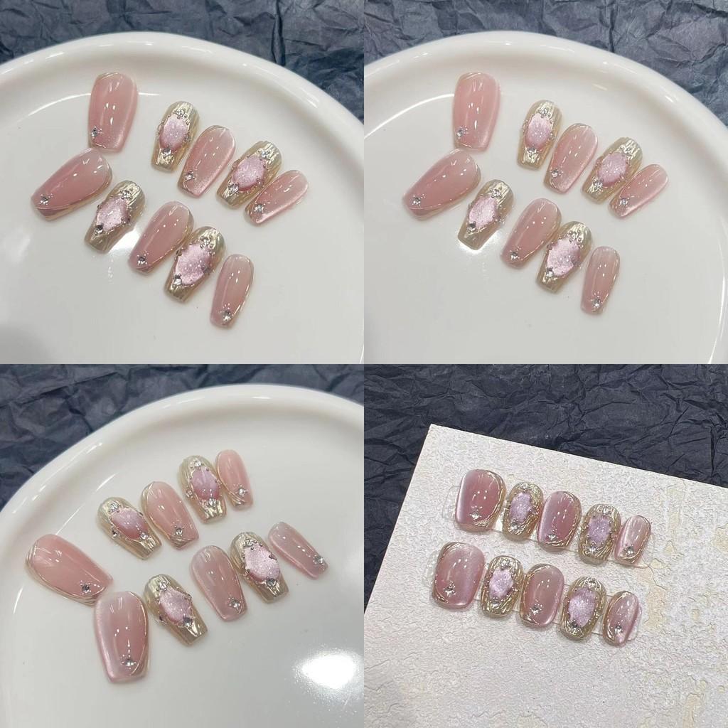 Handcrafted False Nails Pink Color Cat Eye Design 375 Goddess Girl Long T Xs