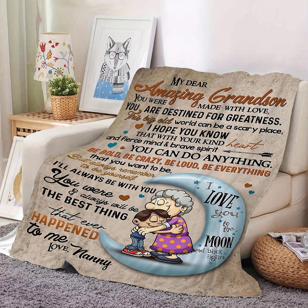 1pc Flannel Bed Blanket, A Letter To My Grandson Pattern Creative Blanket For All Seasons, Warm Cozy Soft Bed Blanket