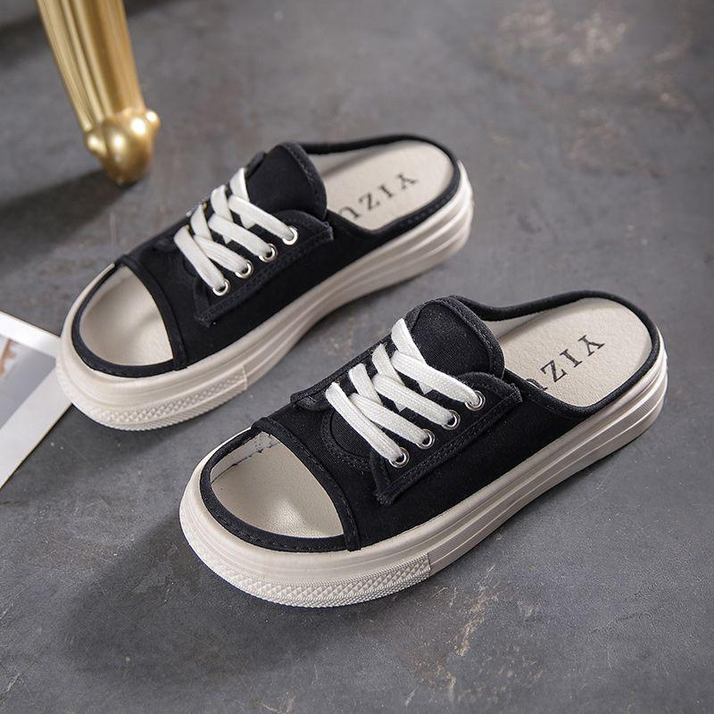 Internet Celebrity Canvas Half Slippers Women Wear Ins Tide 2025 Summer New Fashion Versatile One-word Drag Thick Bottom Cool Slippers