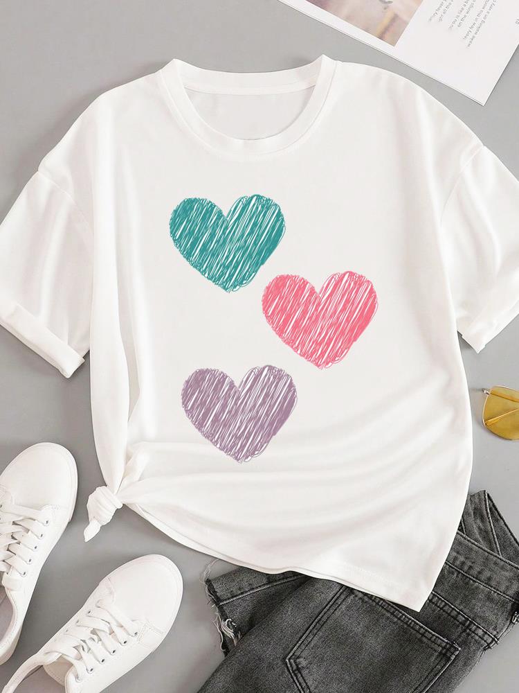 (Asian Size) T-shirts Fashion O-neck Female Casual Women's Top T Clothing Love Heart Style Print Short Sleeve Graphic Tee
