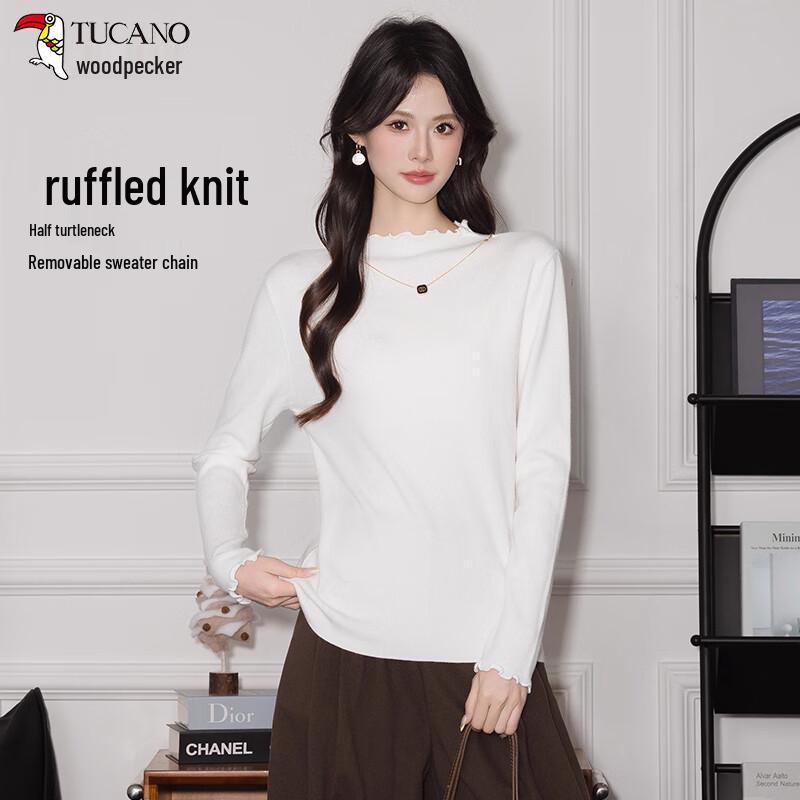 Women s Mock Neck Ruffle Trim Knit Pullover One Size