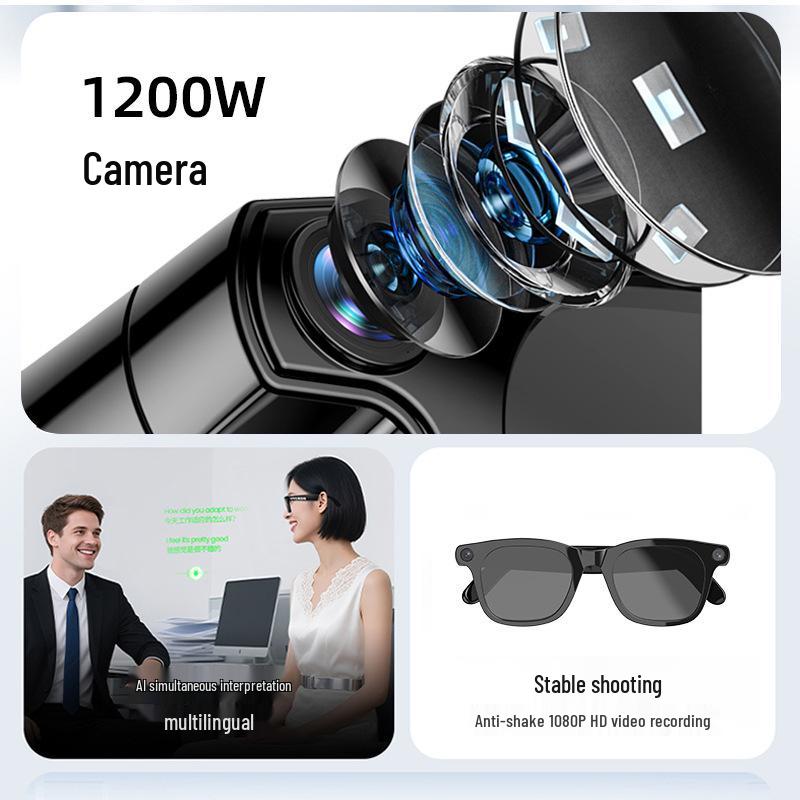 AI Smart Translation Glasses with 1200W Camera, Image Recognition, Recording, and Replaceable Myopia Lenses.