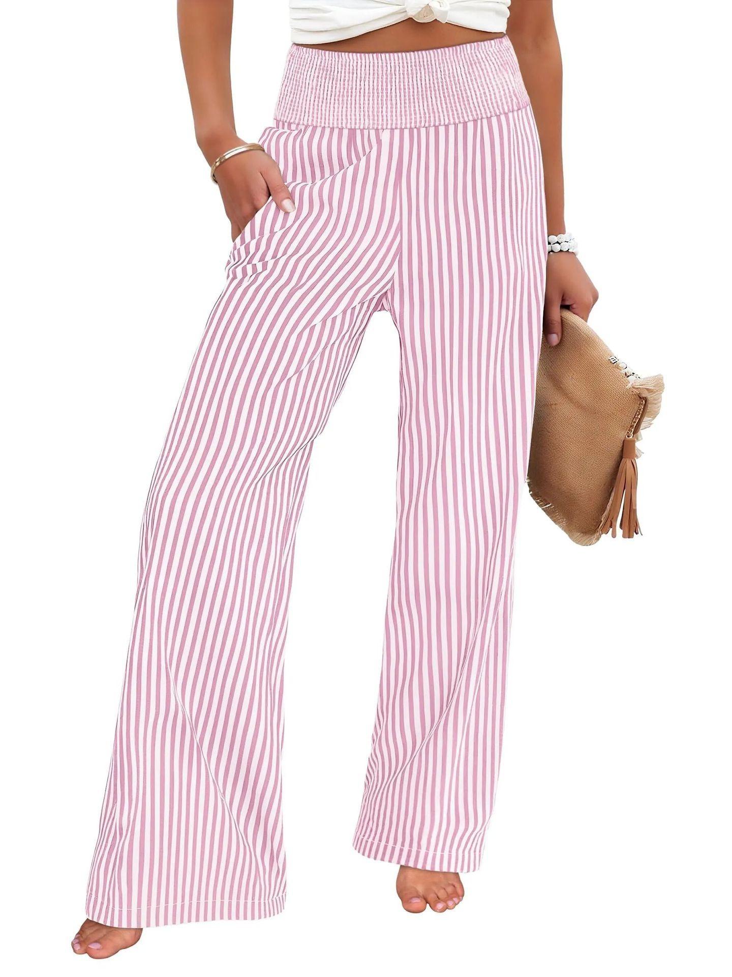 Womens Loose Striped Wide Leg Elastic Waist Casual Pants S