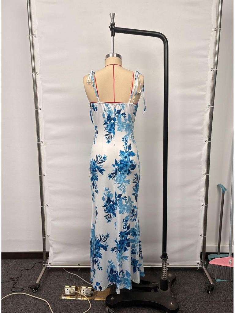 Women's Spaghetti Strap Printed Maxi Dress with Slit - Elegant Spring/Summer Evening & Vacation Attire