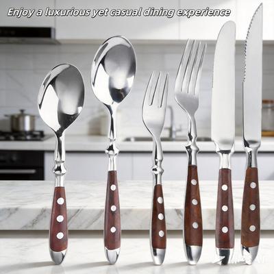 6-teiliges Edelstahl-Griff-Küchenmesser-Set Geeignet für Heimküche und Esszimmer Inklusive Steakmesser, Gabeln und Löffel