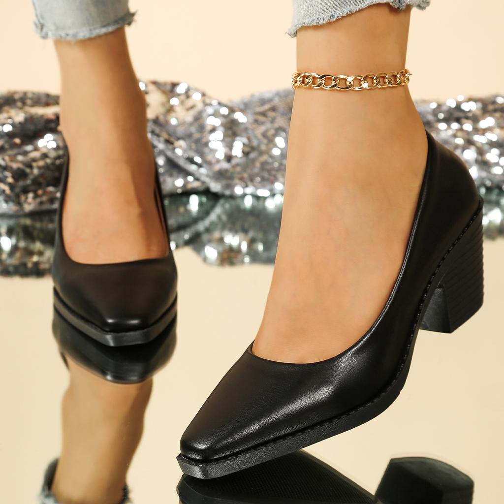 Fashion Spring Summer Women's Thick-heeled Pointed Solid Color Professional Work High Heels Solid Color Classic One-pedal Low-top Shoes