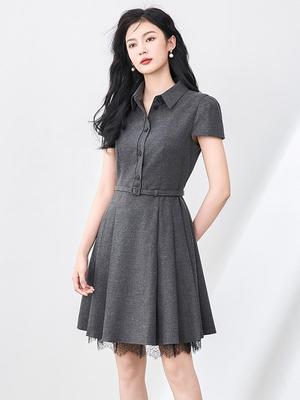 Retro Fashion Lace Pleated Slimming Dress with Lapel Collar - Women's Summer Short Sleeve Style