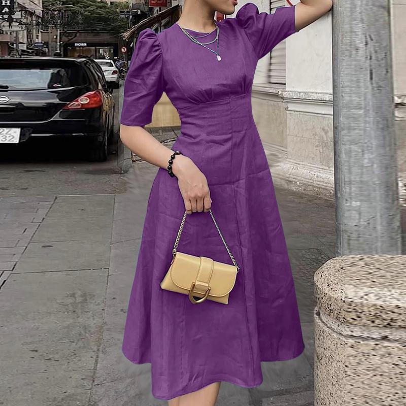 ZANZEA Women Casual Round Neck Summer Puff Half Sleeve Dress