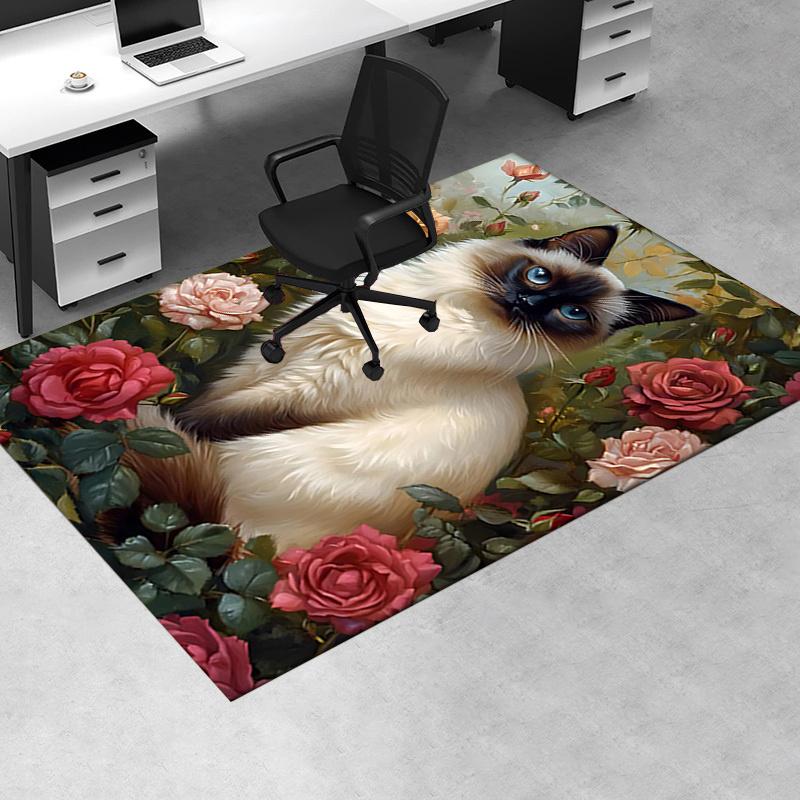 Siamese Cat and Roses Chair Mat: Office Carpet, Oversized Rug for Home Decor, Sofa Mat, Desk Pad Gift Suitable for Bedroom, Living Room, Any Room