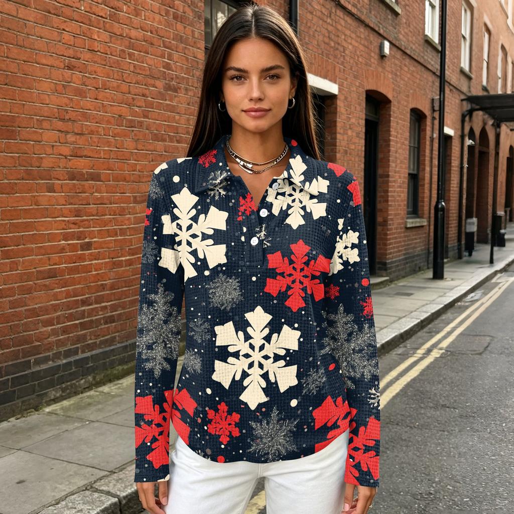 Women's Casual Christmas Print Button Down Long Sleeve Collared Blouse Top with Side Slits