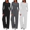 Solid Color Casual Long Sleeve Set Top High Waisted Wide Leg Pants Loungewear Wearable Outside