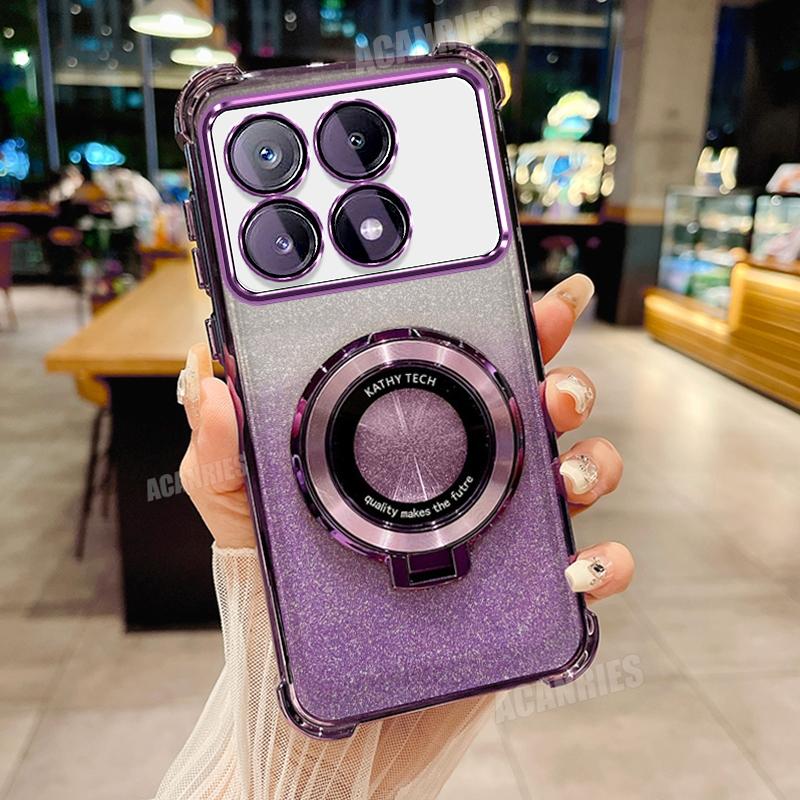 Pocox6pro Luxury Plating Holder Case On For Xiaomi Mi Poco X6 M6 F6 Pro X6pro 5g F6pro Shockproof Protect Silicone Stand Cover