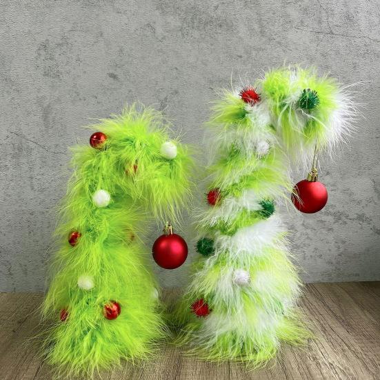 2 Pcs Green Furry Christmas Tree Faux Fur Plush Christmas Tree Tabletop Centerpiece with Red Xmas Ball for Home Party Holiday Decor