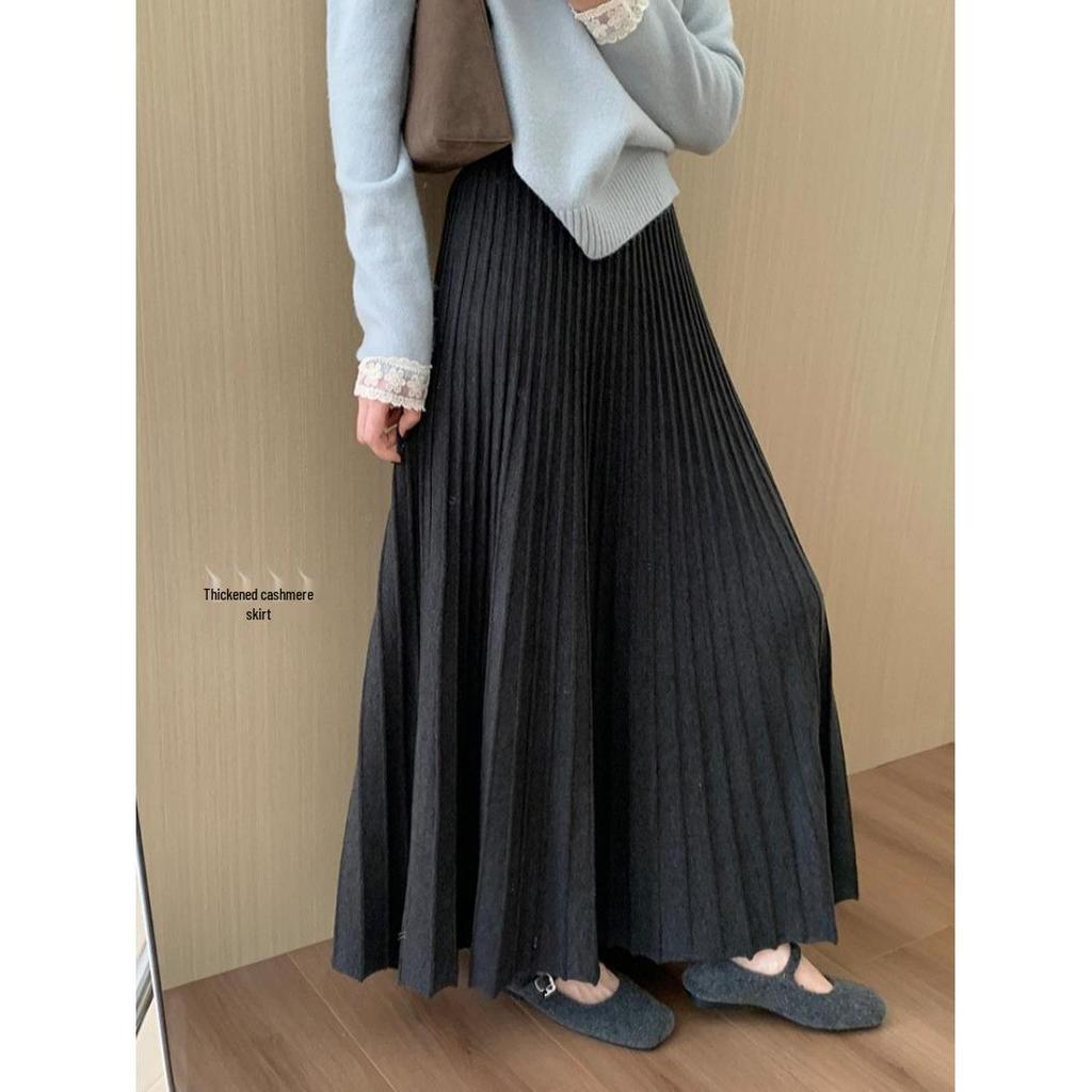 Women's High-Waisted Pleated Faux Cashmere Midi Skirt - Slimming A-Line, Thickened for Spring/Autumn 2026