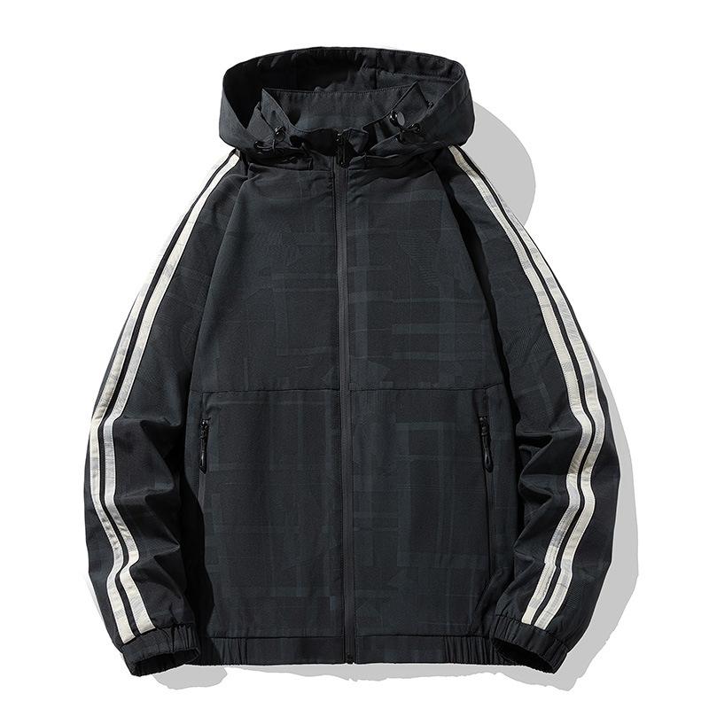 

Мужское осенне-зимнее новое пальто, мужская корейская версия универсальной простой куртки, мужская полосатая функциональная ветровка с шапкой M