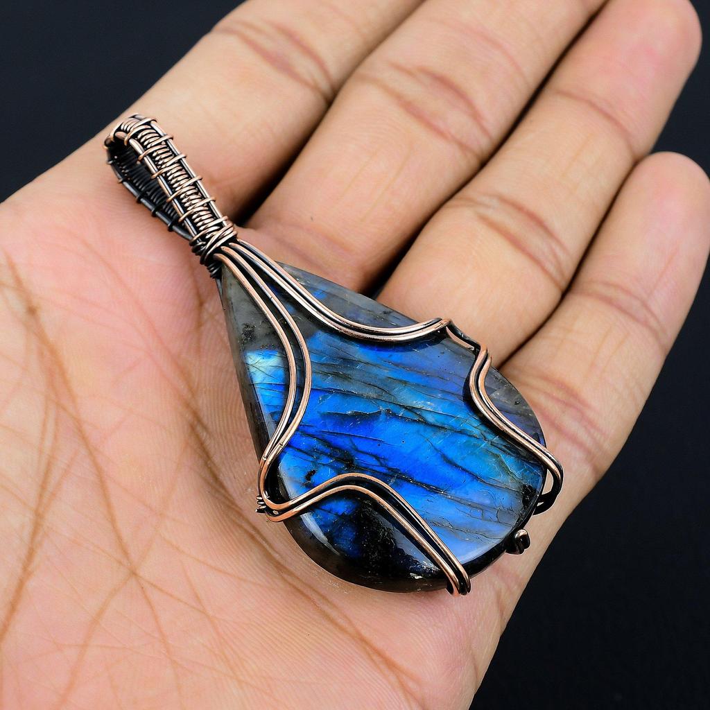 Labradorite Pendant, Handmade Gemstone 999 Copper Wire Wrapped Pendant Antique Jewelry, For Gift Silver Jewelry