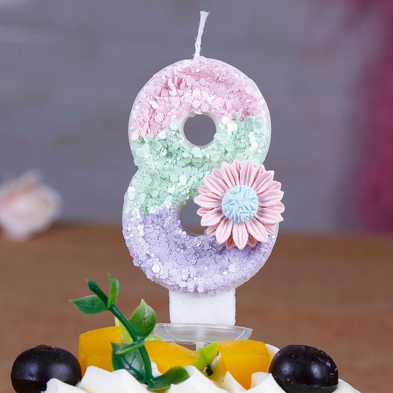 1pc Daisy Digital Birthday Candle Cute Pink Cake Topper Number 0-9 Candles Glitter Black Crown Candles Baby Show Kids Birthday