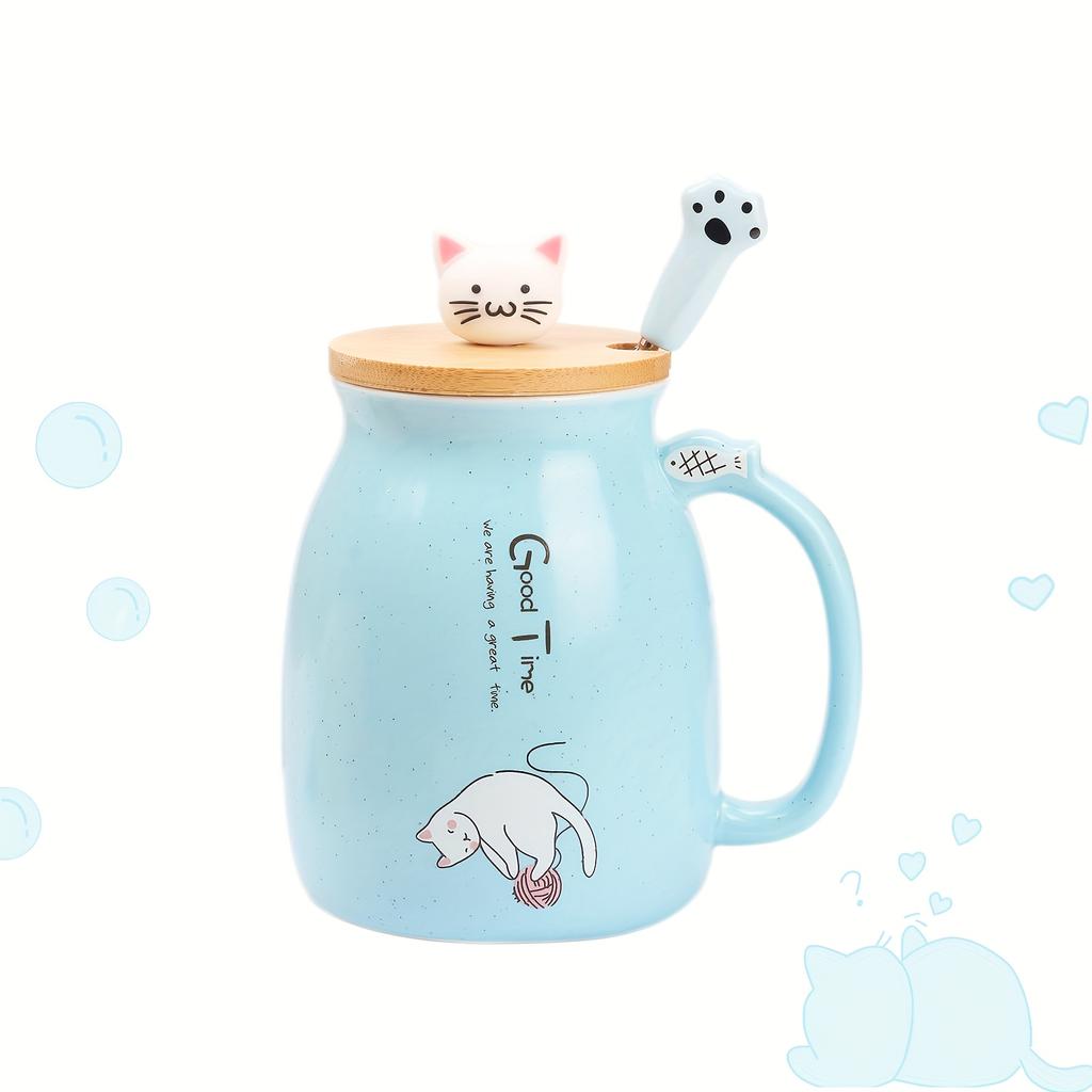 Kawaii Cat Mug, 13oz Ceramic Tea Cup with Lid and Spoon, Gifts for Cat Lovers and Women, Birthday and Christmas