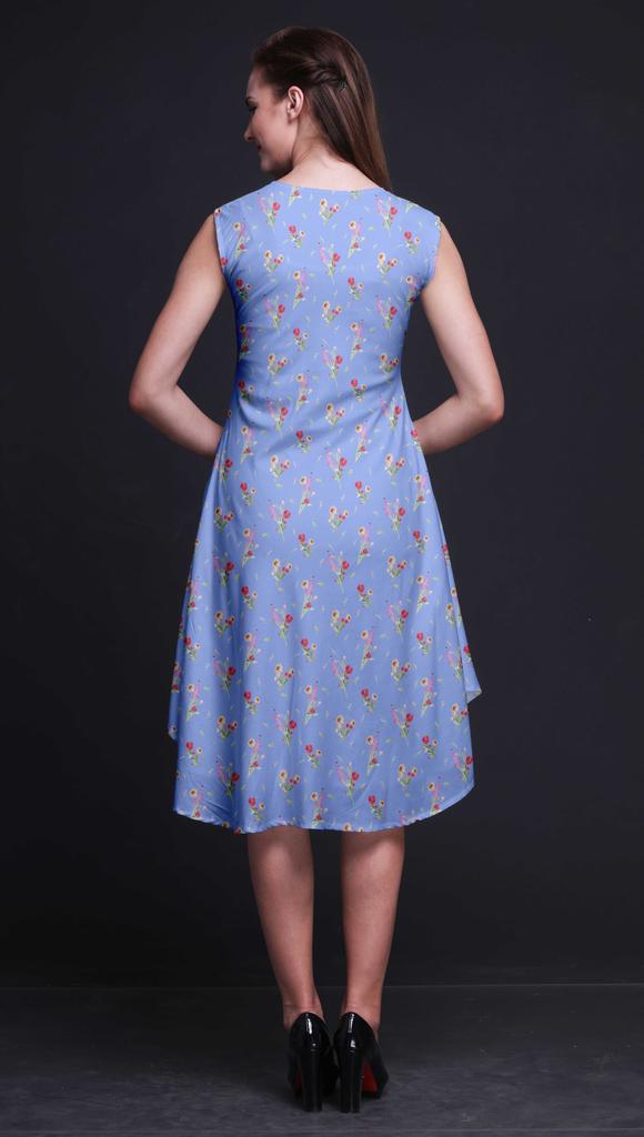 Bimba Blue Clover Leaves Floral Printed Ladies Sleeveless Round Neck Summer Dress Casual