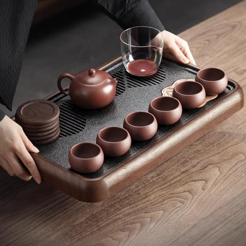 Imitation Black Stone Tea Tray with Drainage, Dry/Wet Zen Ceremony Set, Non-Slip Heat Resistant Tea Utensil Holder, Serving Tray