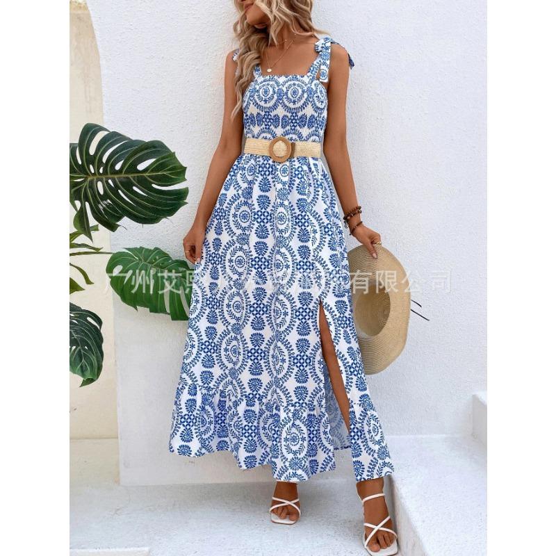 Women's Dress Summer Fashion Halter Printed Sleeveless Split Long Dresses