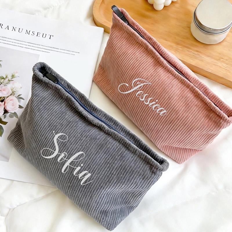 Customized Text Embroidered Corduroy Makeup Bag with Zipper Functional Flat Tool Pouch Custom Washroom Bags Birthday Gift