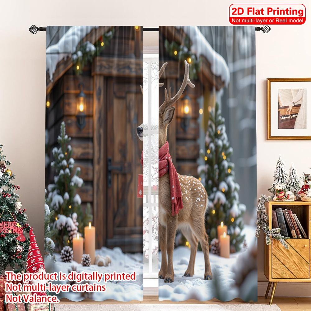 2pcs 2D Flat Printing Merry Christmas Party Curtains Winter Deer Gift Snow Polyester Fabric Without Electricity Festive Wall
