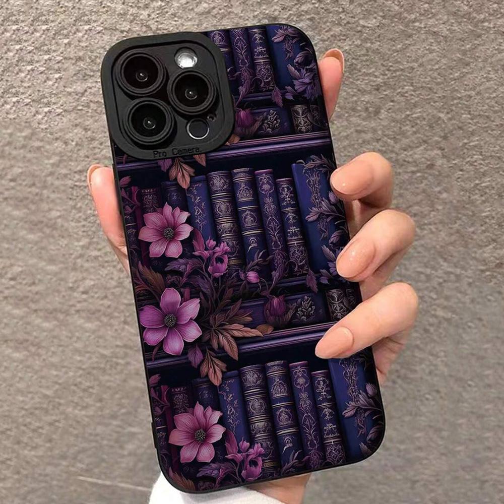 Vintage Perforierte Kante Lila Bücherregal Bemalte Hülle Für iPhone 16 15 14 13 12 11 Pro Max XS X XR 7 8 16 Plus SE 2022 2020 Abdeckung