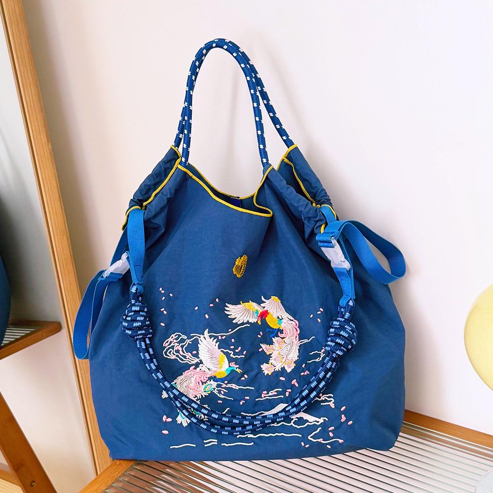 Japanese Style Handmade Waterproof Nylon Canvas Bag with Embroidered Patterns, Large Capacity