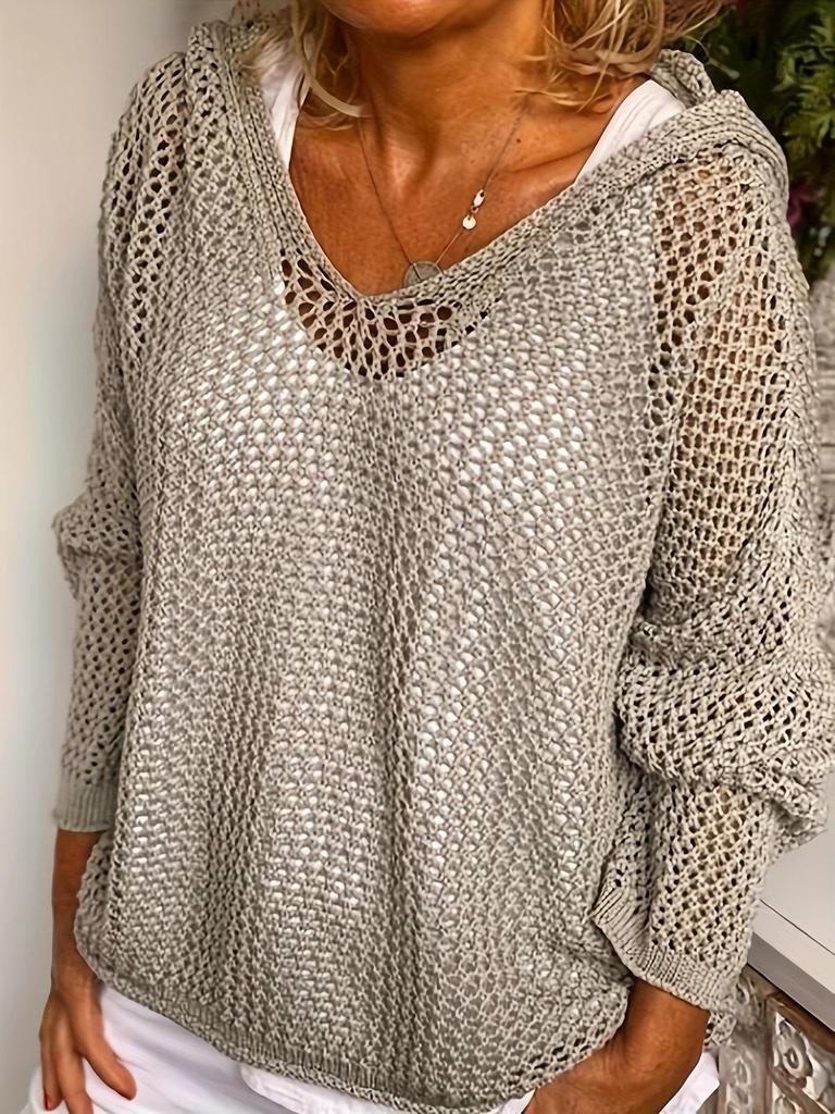 Women's Light Gray Hooded Knitted Sweater with Hollow Weave V Neck, Multiple Colors