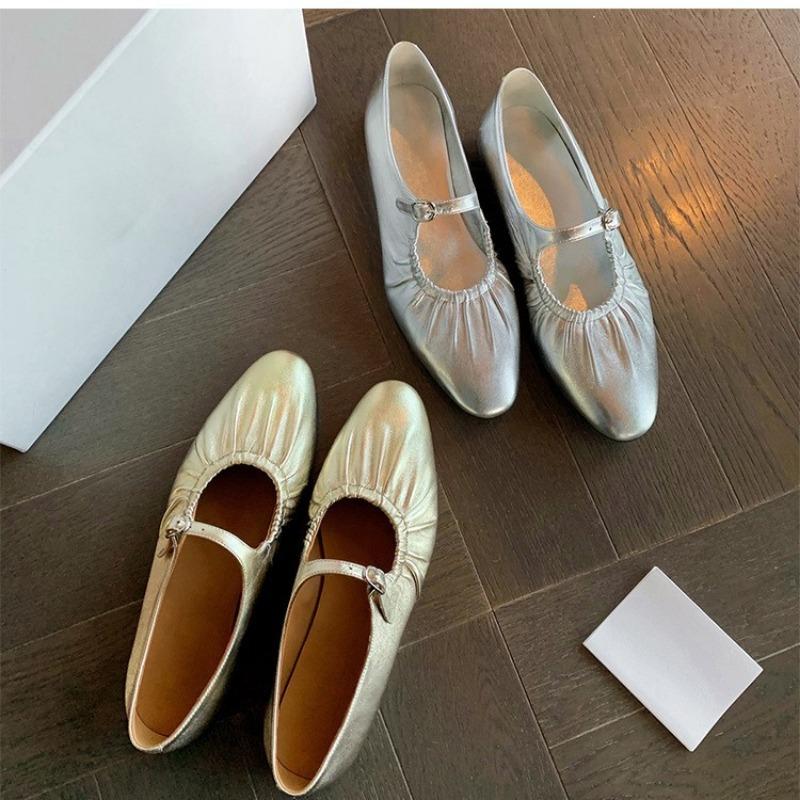 Cowhide Version~ Leather Pleated Silver Light Mouth Single Shoes Women's Flat Bottom New Spring Mary Jane Women's Shoes