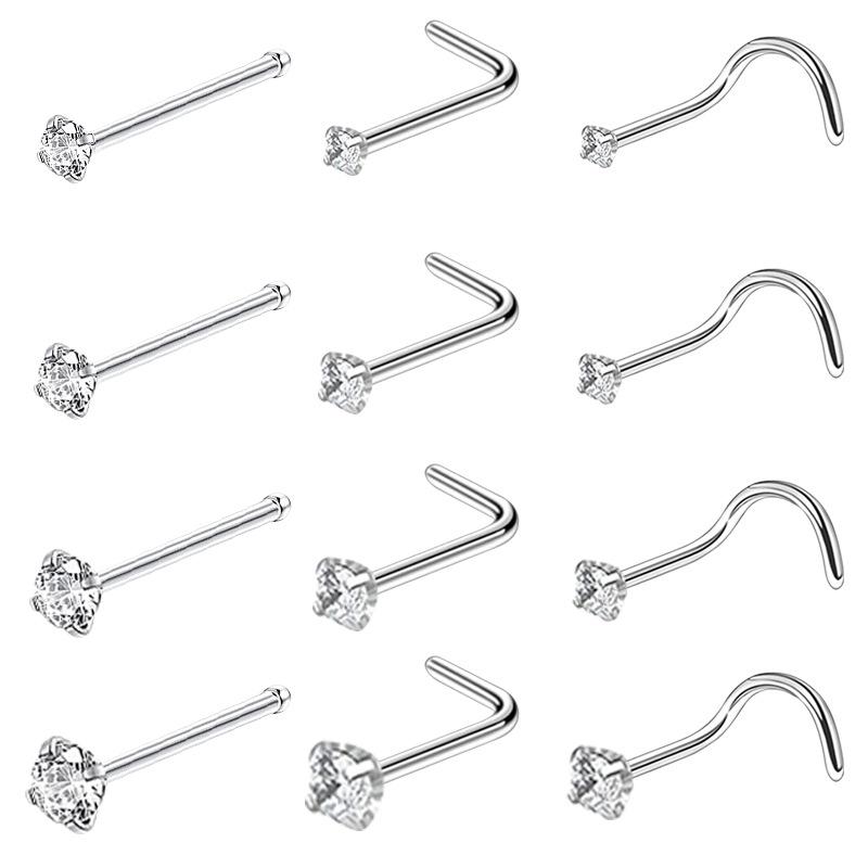 Zircon Stainless Steel Nose Stud & Nose Ring Set: 12 Style Options - Straight, Curved, L-Shaped Bars, and Combo Packs