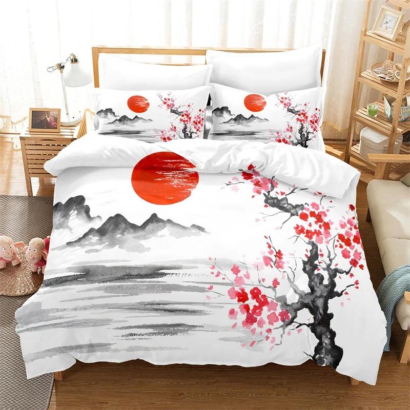 3D Oriental Ink Wash Painting Bedding Set, Bamboo Painting Print Duvet Cover with Pillowcases for Adults Teens