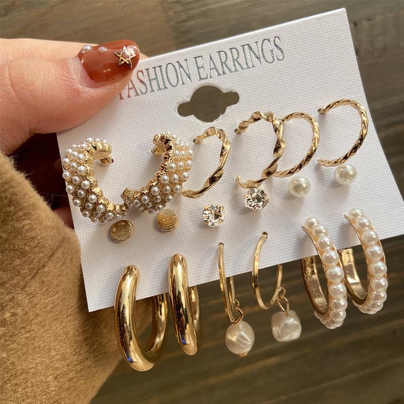 

New Gold Color Big Circle Hoop Earring Set for Women Fashion Bohemia Vintage Pearl Earring Heart Zircon Ear Studs Jewelry Gifts