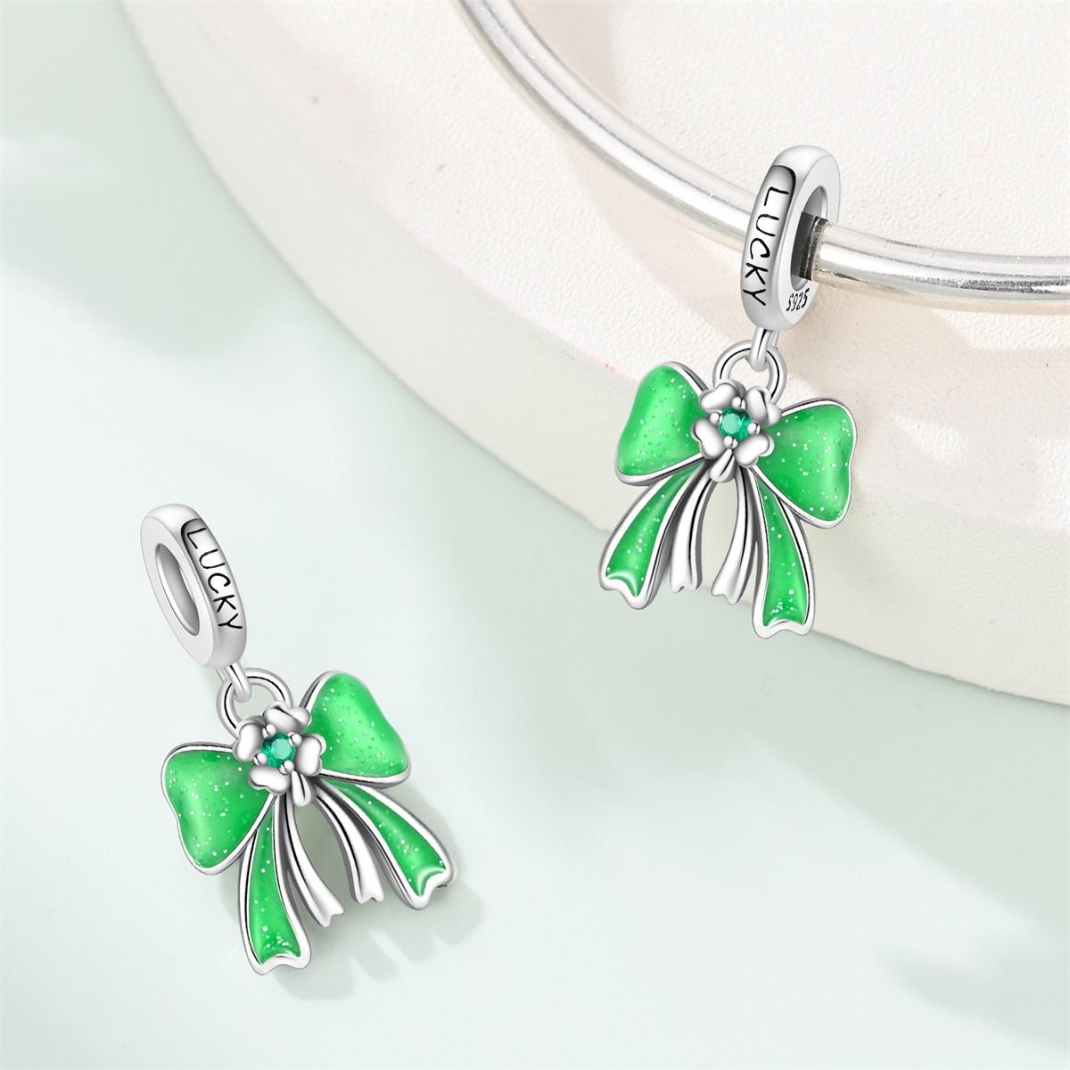 s925 Silver Green Zircon Lucky Butterfly Knot Pen Pendant Beads Fit Bracelet Charm Jewelry Making Gift Diy Accessory