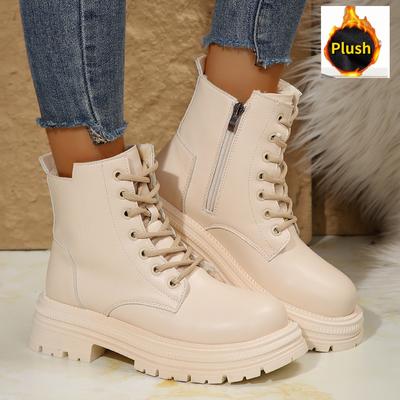 Women Platform Boots Short Plush Solid Color Lace Up Side Zipper Ankle Boots Winter Women Shoes Large Size 42 Ladies' Shoes