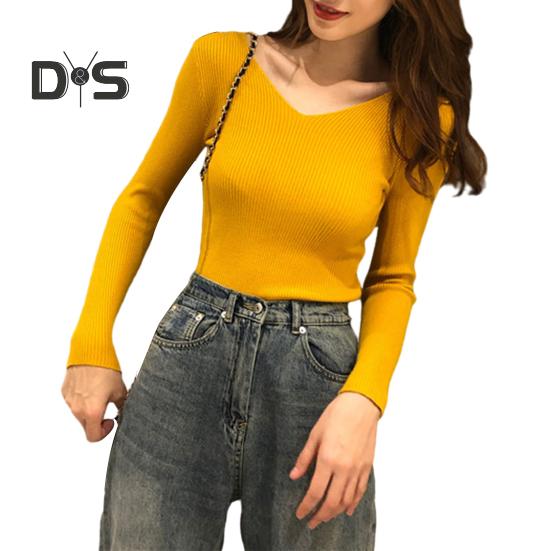 

Женские топы с V-образным вырезом, длинным рукавом, облегающий свитер, однотонный ребристый низ, эластичный трикотаж жёлтый