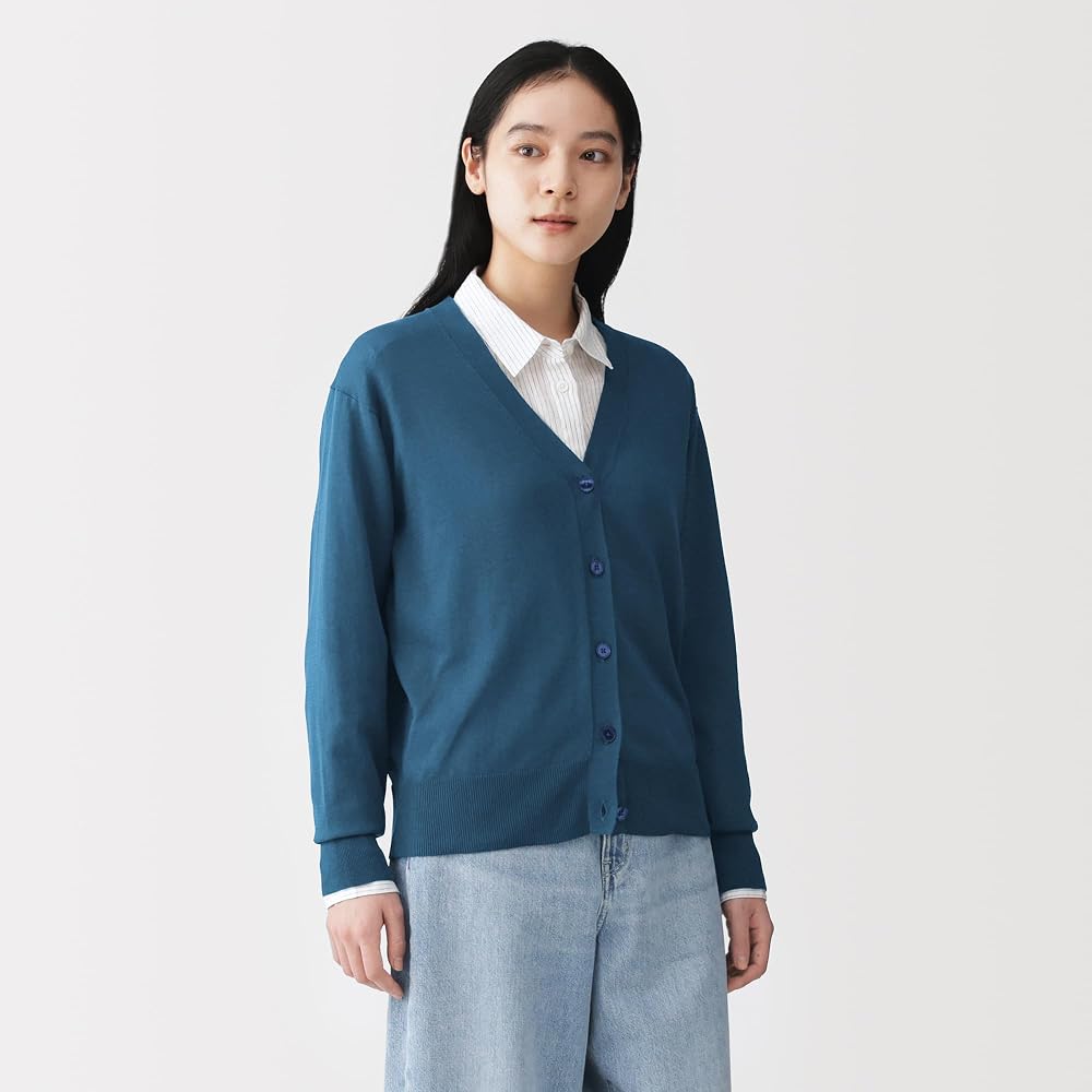 MUJI Women's UV-Cut Light Knit V-Neck Cardigan, BA1PWA6S, Smoky Blue, Size L